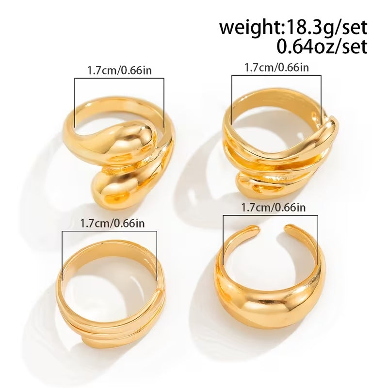 A Set Of 4 Elegant And Minimalist Golden Rings, Adjustable Open Rings For Women, Featuring A MultiLayer Spiral And Teardrop Geometric Design, Suitable For All Seasons