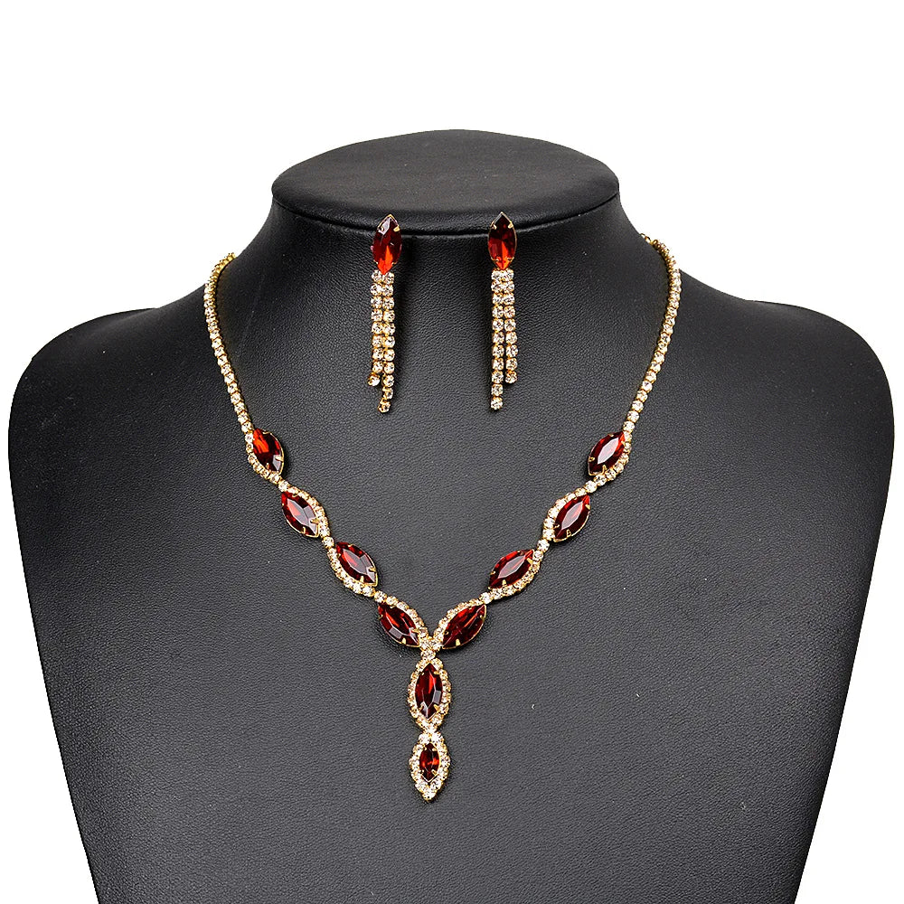 BLIJERY Gold Color Red Crystal Wedding Party Jewelry Sets for Women Accessories Charm Necklace Earrings Bridal Jewelry Sets