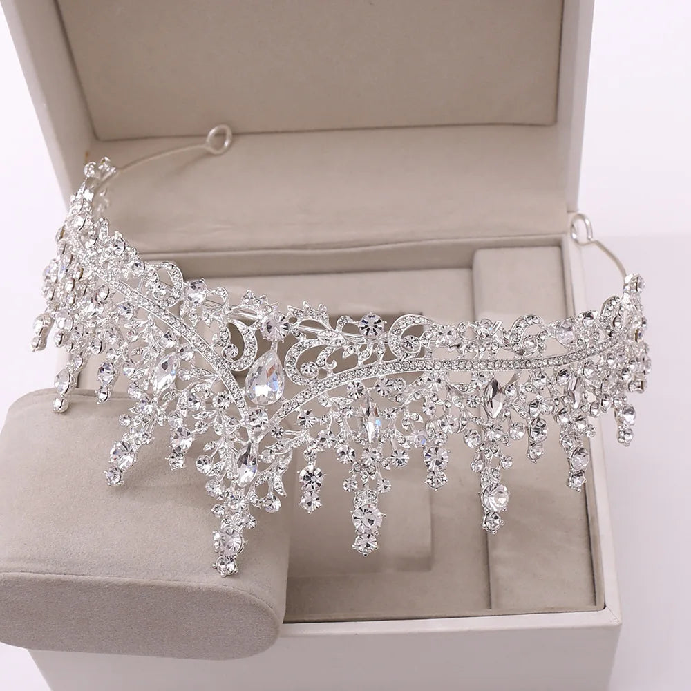 Luxury Silver Color Crystal Leaves Bridal Jewelry Sets Baroque Tiaras Crowns Earrings Choker Necklace Wedding Dubai Jewelry Set