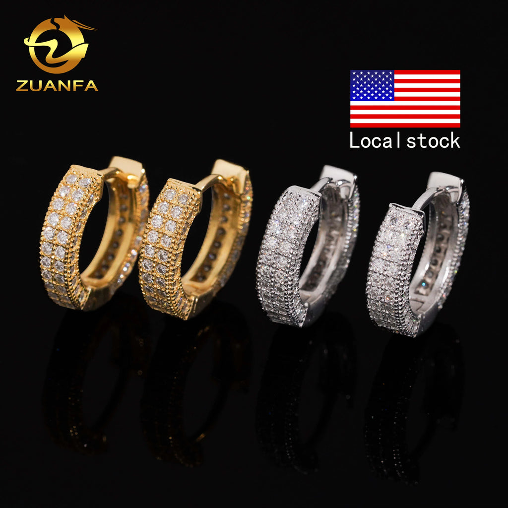 USA Local Stock Pass Diamond Tester 2Row VVS Moissanite Diamond Iced Out Hoop Earrings Hip Hop Jewlery 925 Silver Hoop Men