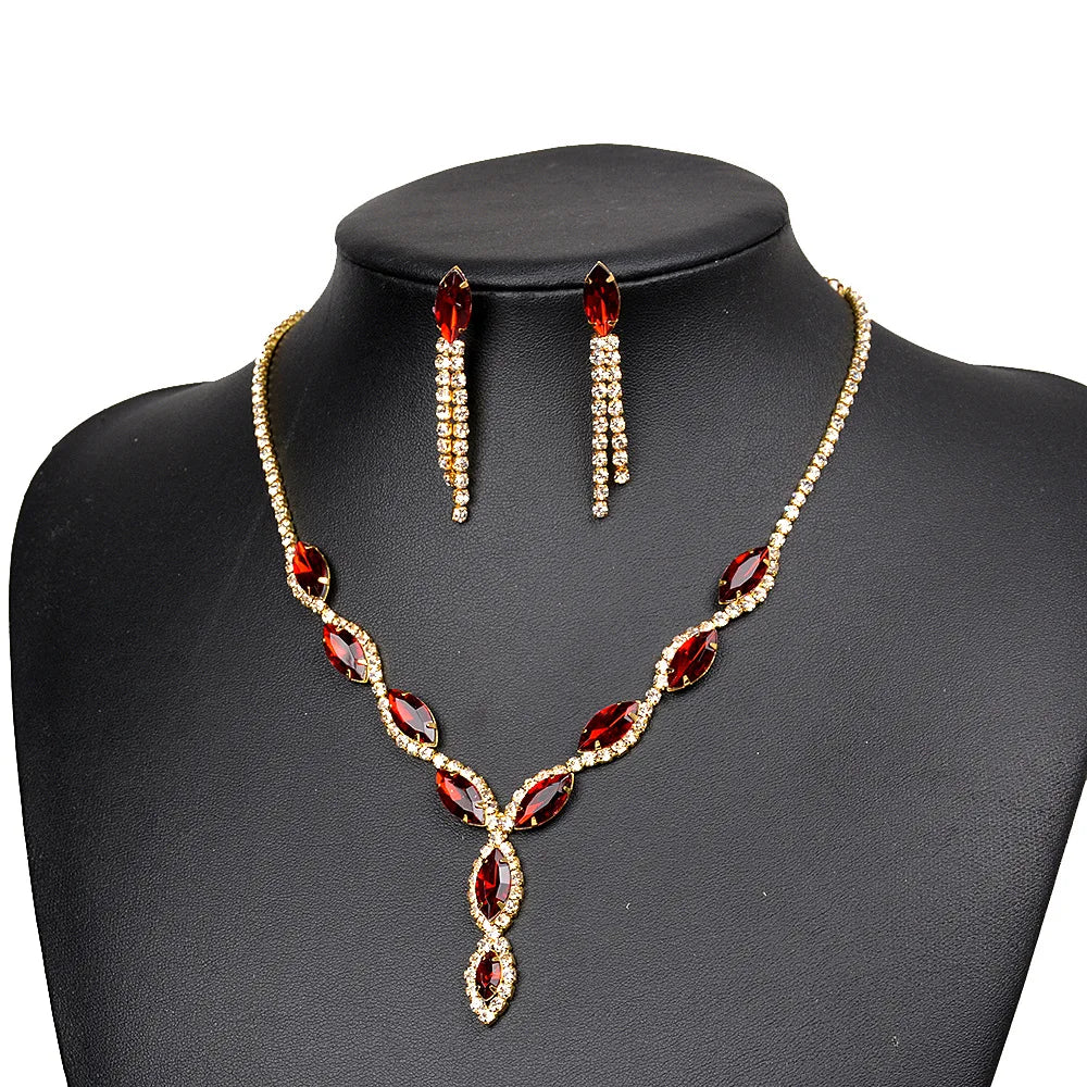 BLIJERY Gold Color Red Crystal Wedding Party Jewelry Sets for Women Accessories Charm Necklace Earrings Bridal Jewelry Sets