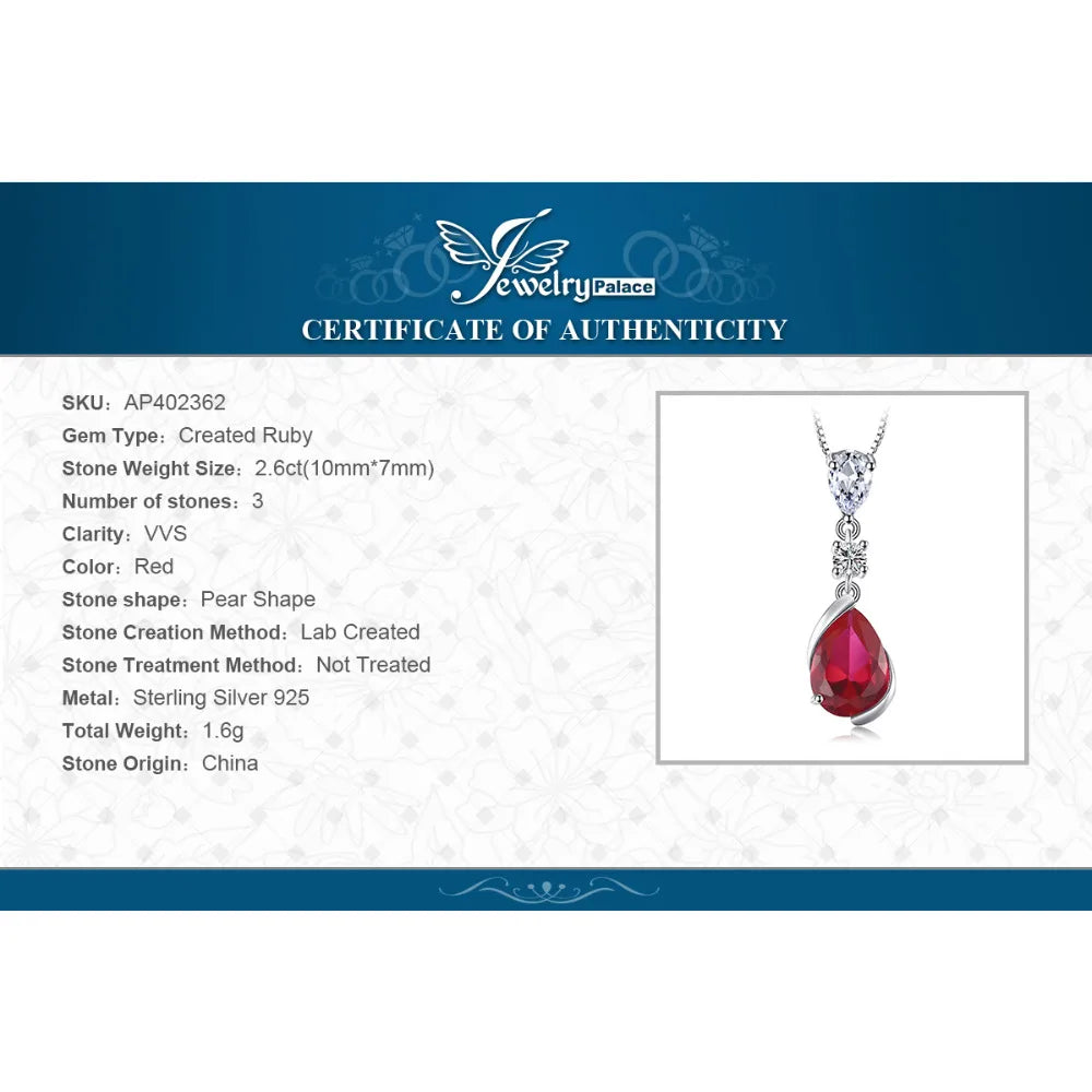 JewelryPalace 2.6ct Pear Created Red Ruby 925 Sterling Silver Pendant Necklace for Woman Fashion Gemstone Jewelry No Chain