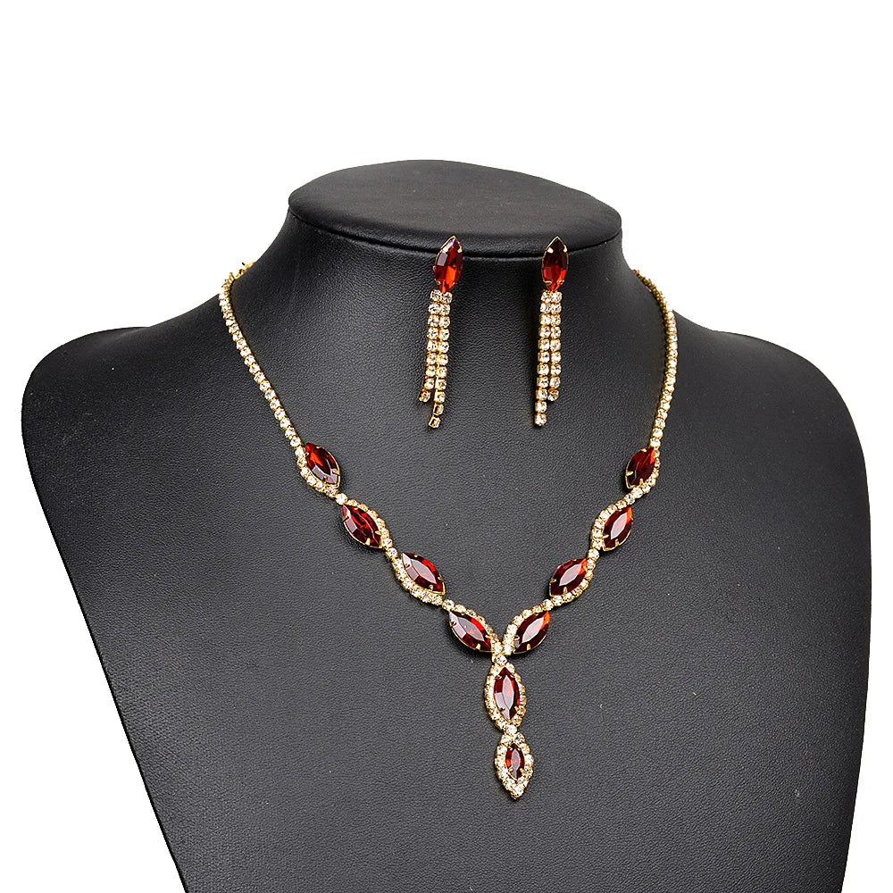 BLIJERY Gold Color Red Crystal Wedding Party Jewelry Sets for Women Accessories Charm Necklace Earrings Bridal Jewelry Sets