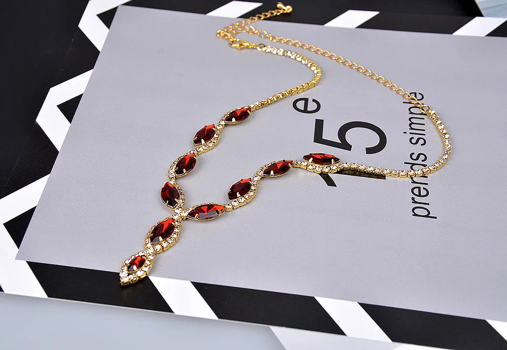 BLIJERY Gold Color Red Crystal Wedding Party Jewelry Sets for Women Accessories Charm Necklace Earrings Bridal Jewelry Sets