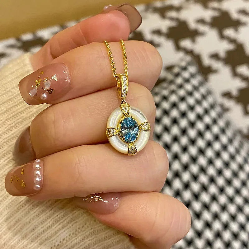 Classic blue jewelry sets dreamy aquamarine gem White Fritillaria ring necklace High quality palace style retro wedding gift