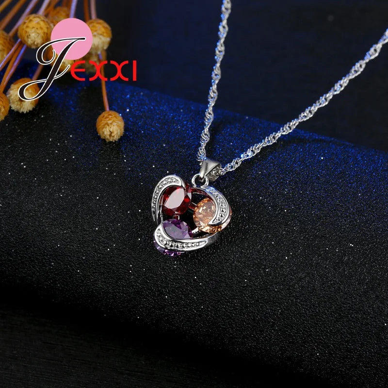Colorful Crystal Jewelry Set for Female Girls 925 Sterling Silver Pendant Necklaces Earrings Set Women Wedding Accessorie