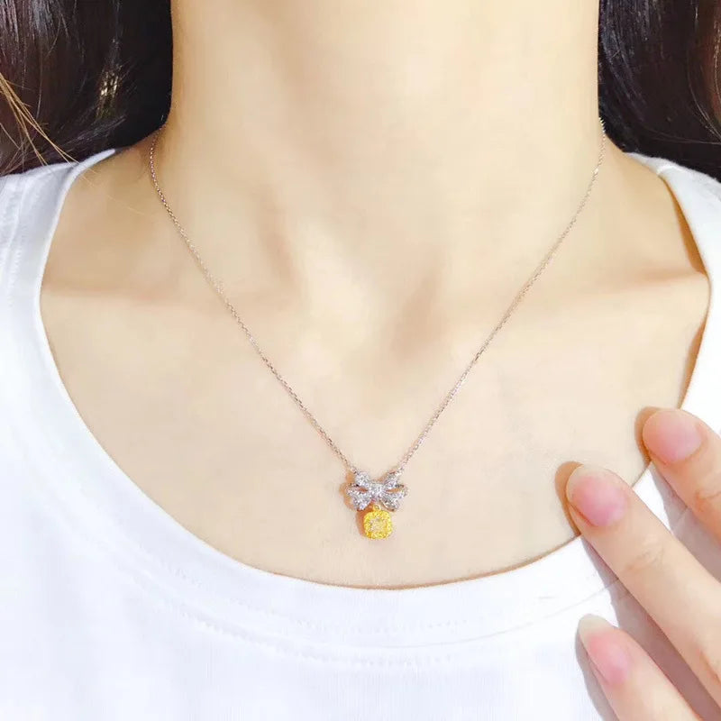 Colorful Treasure Shinning Yellow Crystal Genuine 925 Sterling Bow Pendant Necklace For Women Girls Popular Design High Level