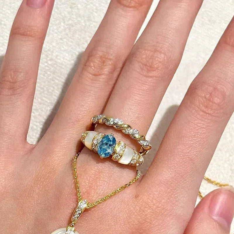 Classic blue jewelry sets dreamy aquamarine gem White Fritillaria ring necklace High quality palace style retro wedding gift