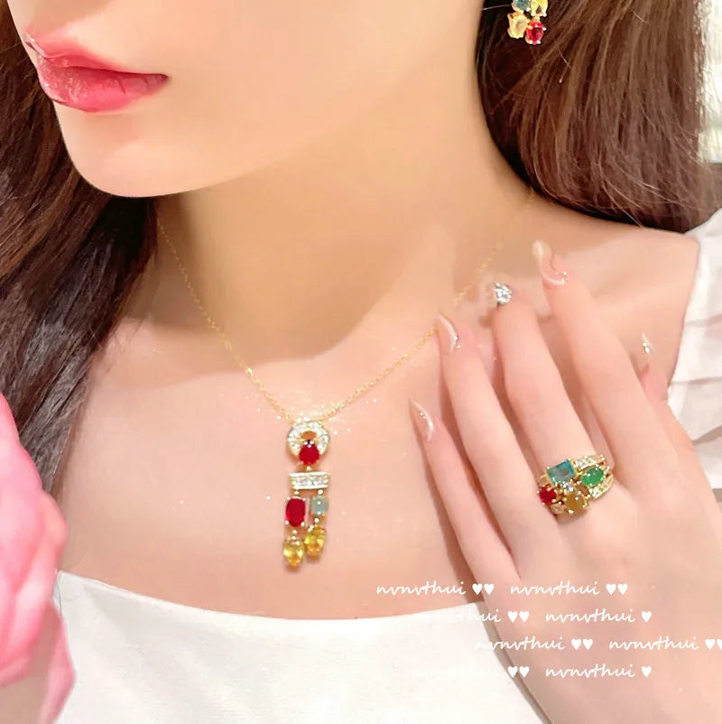 Luxury 18K Gold Color Jewelry Set Multicolour Zircon Crystal Necklace Ring Earrings Women Gorgeous Wedding Statement Jewelry
