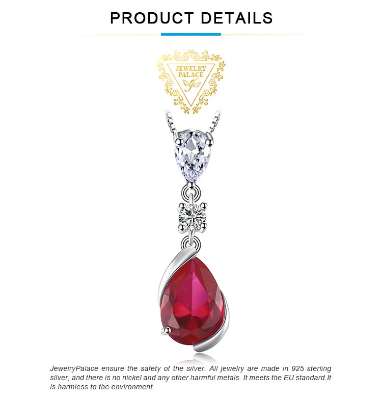 JewelryPalace 2.6ct Pear Created Red Ruby 925 Sterling Silver Pendant Necklace for Woman Fashion Gemstone Jewelry No Chain