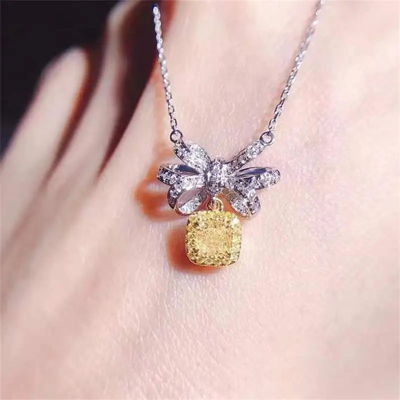 Colorful Treasure Shinning Yellow Crystal Genuine 925 Sterling Bow Pendant Necklace For Women Girls Popular Design High Level