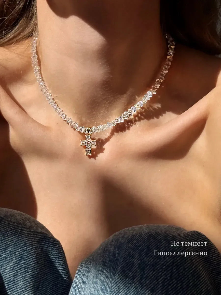 Design Exaggerated Baroque Transparent Crystal Chain With Sexy Zircon Cross Pendant Necklace For Women Wedding Praty Gift