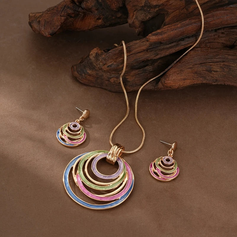 3pc/set Large Round Earrings Collar Necklace Set for Women Exaggerated PU Rope Chains Metal Geometric Pendant Necklace Jewelry