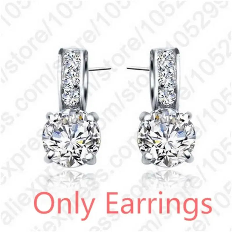Genuin 925 Sterling Silver Shiny Clear Crystal Necklace Earrings Bridal Jewelry Sets For Women  Fashion Jewelry Wholesale
