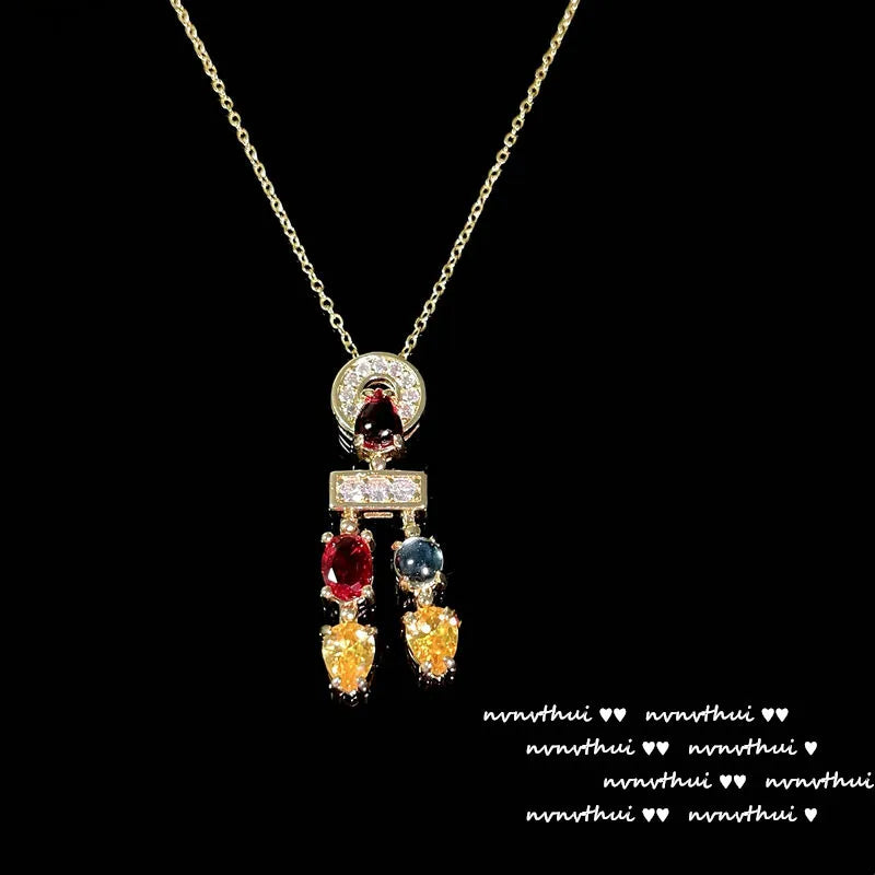 Luxury 18K Gold Color Jewelry Set Multicolour Zircon Crystal Necklace Ring Earrings Women Gorgeous Wedding Statement Jewelry