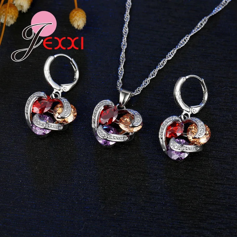 Colorful Crystal Jewelry Set for Female Girls 925 Sterling Silver Pendant Necklaces Earrings Set Women Wedding Accessorie