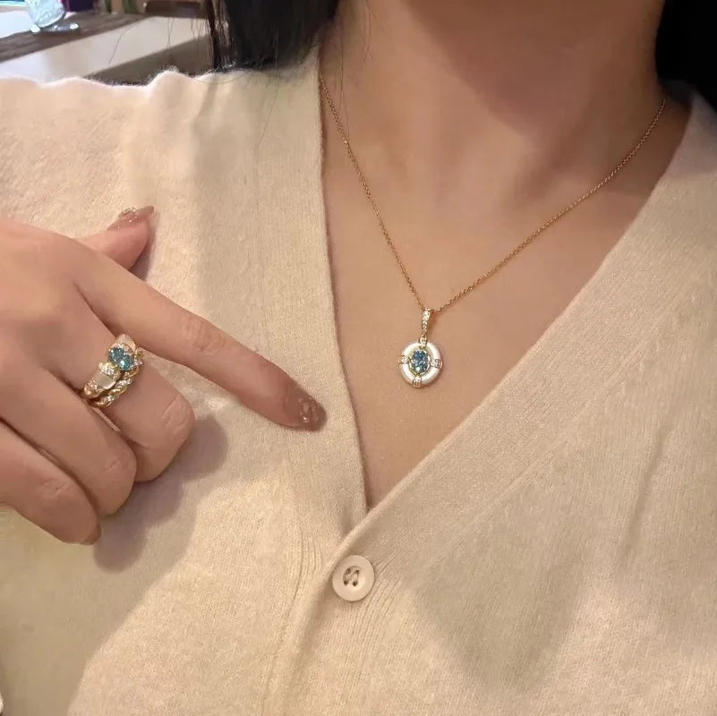 Classic blue jewelry sets dreamy aquamarine gem White Fritillaria ring necklace High quality palace style retro wedding gift