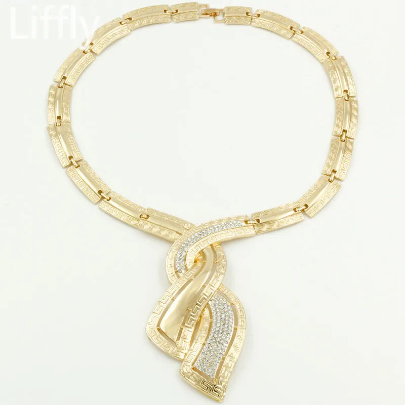 Indian Jewelry Set for Women Dubai Gold Color Jewellery Crystal Necklace Hoop Earrings Italian Bridal Jewelry Sets Wedding