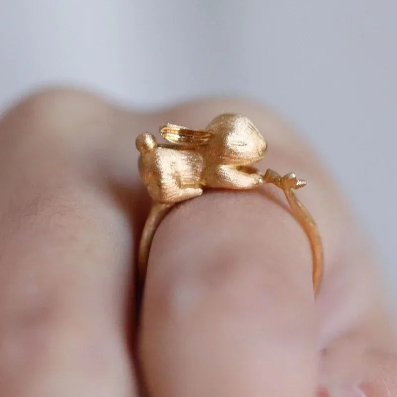 Cute and Exquisite Rabbit Jewelry Sets New in Fun Matte Ancient Gold Craft Earrings for Women Ring Necklace Gifts to Girlfriend