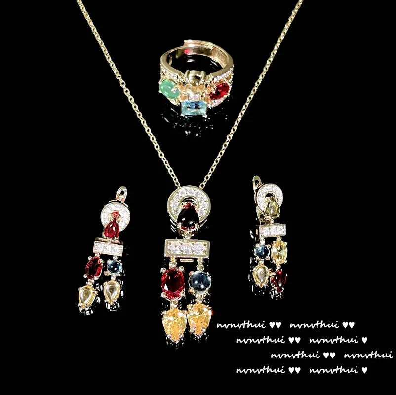 Luxury 18K Gold Color Jewelry Set Multicolour Zircon Crystal Necklace Ring Earrings Women Gorgeous Wedding Statement Jewelry