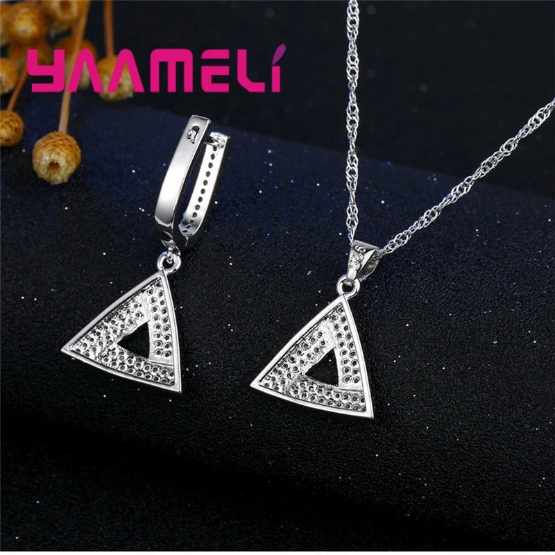 Fashion Shining Style Irregular Modeling Triangel Shape Wedding Jewlery Set For Women  Silver Necklace Earrings