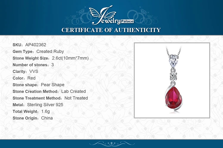 JewelryPalace 2.6ct Pear Created Red Ruby 925 Sterling Silver Pendant Necklace for Woman Fashion Gemstone Jewelry No Chain