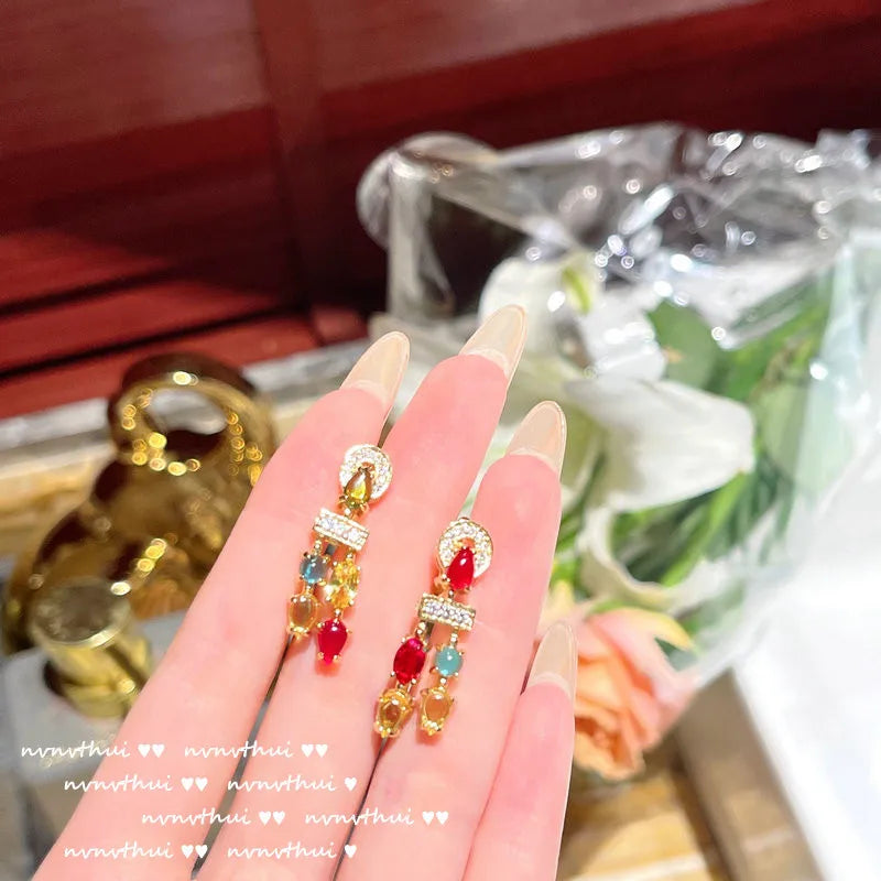 Luxury 18K Gold Color Jewelry Set Multicolour Zircon Crystal Necklace Ring Earrings Women Gorgeous Wedding Statement Jewelry