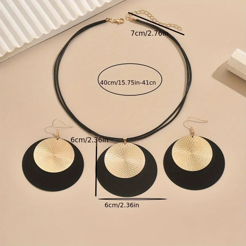 3pc/set Large Round Earrings Collar Necklace Set for Women Exaggerated PU Rope Chains Metal Geometric Pendant Necklace Jewelry