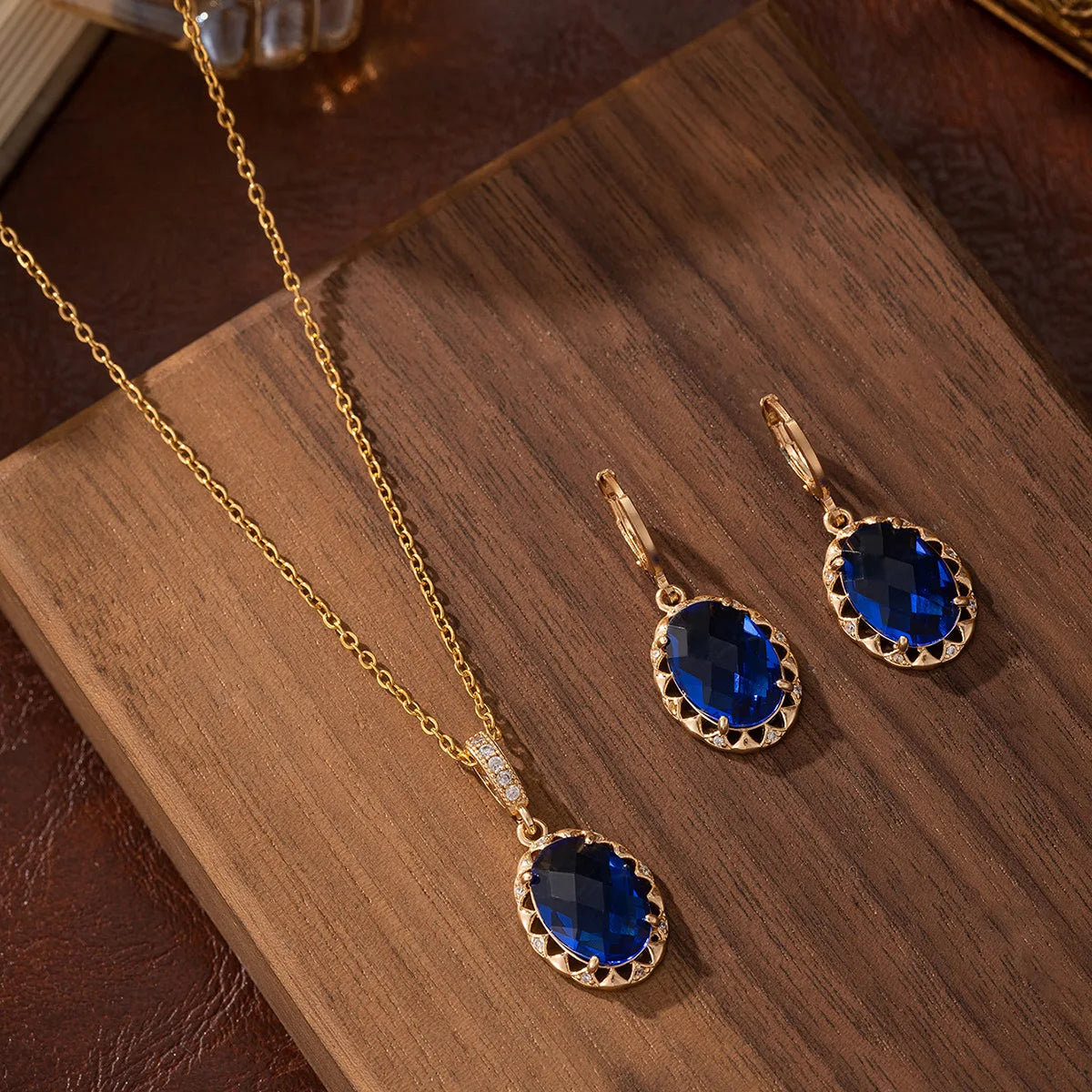 Gold Plated Copper Jewelry Set with Blue Zirconia – Luxury Necklace & Earrings for Women, Elegant Metal Accents