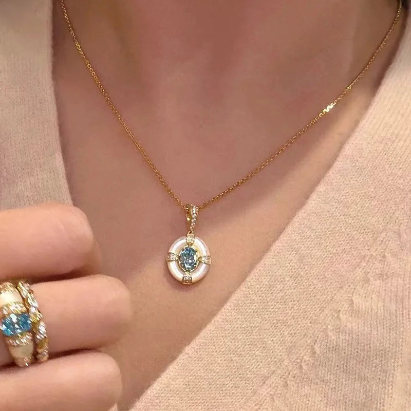 Classic blue jewelry sets dreamy aquamarine gem White Fritillaria ring necklace High quality palace style retro wedding gift