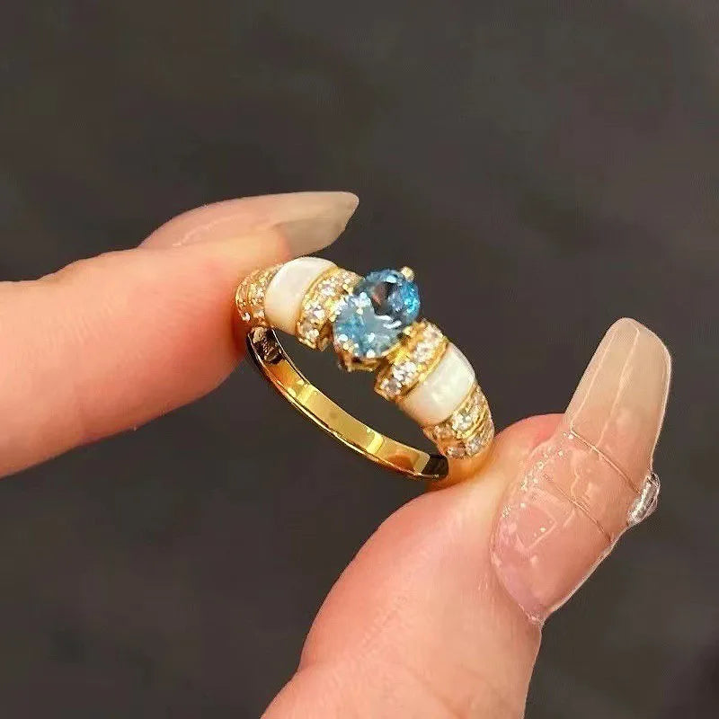 Classic blue jewelry sets dreamy aquamarine gem White Fritillaria ring necklace High quality palace style retro wedding gift