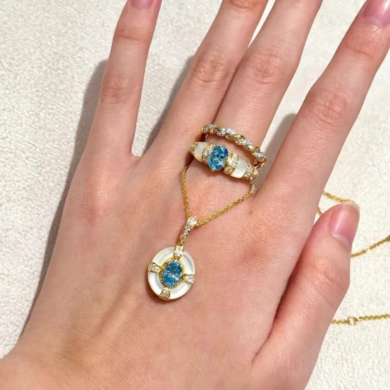 Classic blue jewelry sets dreamy aquamarine gem White Fritillaria ring necklace High quality palace style retro wedding gift