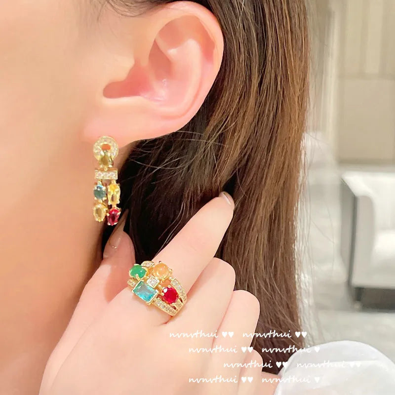 Luxury 18K Gold Color Jewelry Set Multicolour Zircon Crystal Necklace Ring Earrings Women Gorgeous Wedding Statement Jewelry