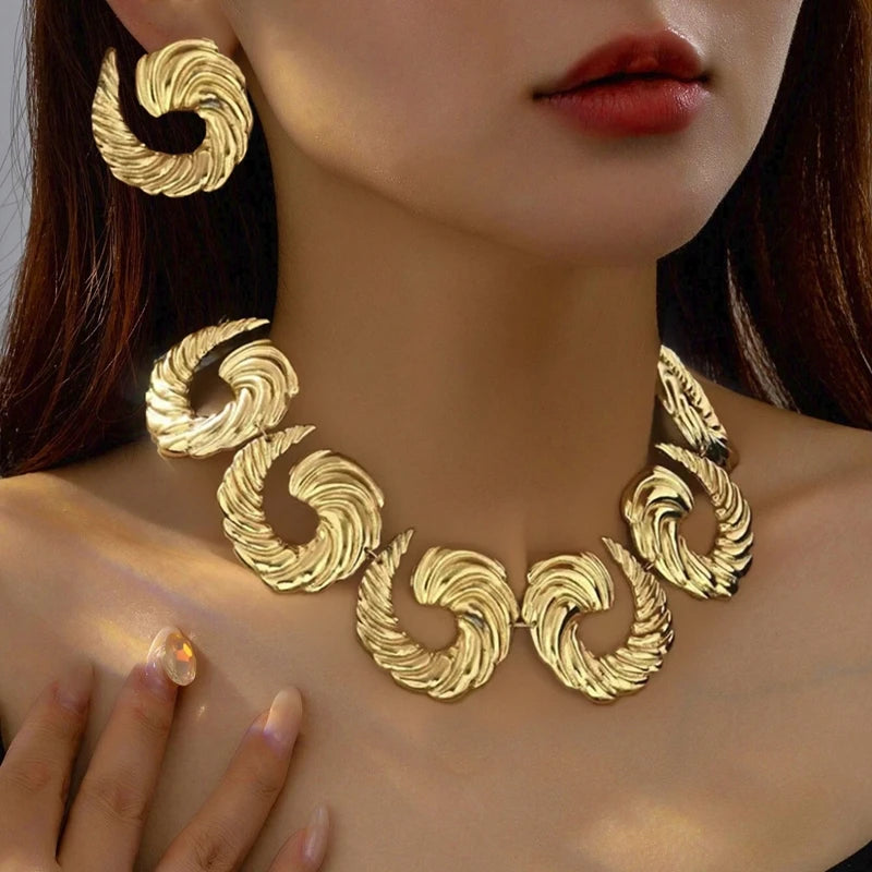 3pc/set Large Round Earrings Collar Necklace Set for Women Exaggerated PU Rope Chains Metal Geometric Pendant Necklace Jewelry