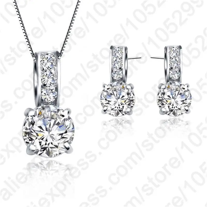 Genuin 925 Sterling Silver Shiny Clear Crystal Necklace Earrings Bridal Jewelry Sets For Women  Fashion Jewelry Wholesale
