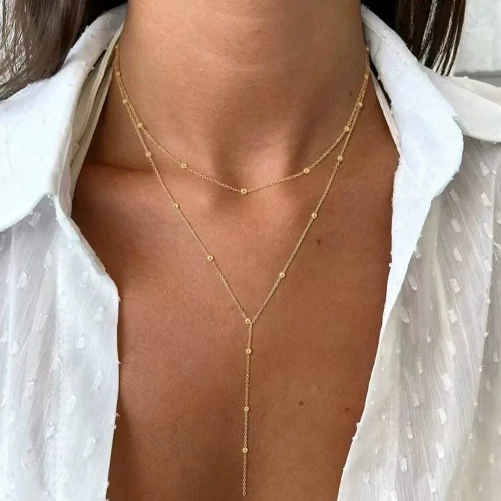 2026 New Fashion Gold Plated Silvery Lariat Choker for Women Double Laryered Long Chain Drop Pendant Necklaces Gifts