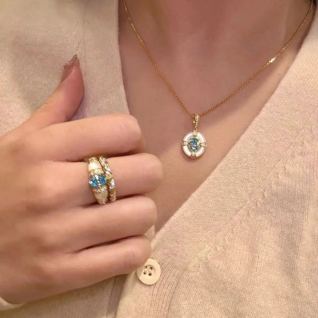 Classic blue jewelry sets dreamy aquamarine gem White Fritillaria ring necklace High quality palace style retro wedding gift
