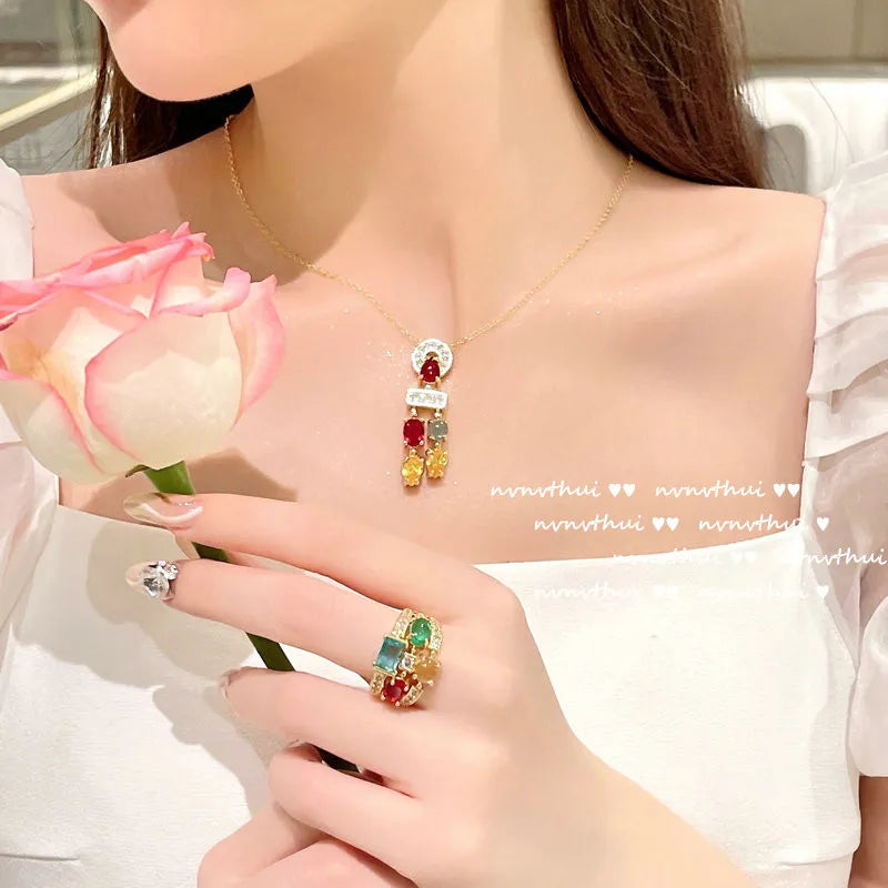Luxury 18K Gold Color Jewelry Set Multicolour Zircon Crystal Necklace Ring Earrings Women Gorgeous Wedding Statement Jewelry