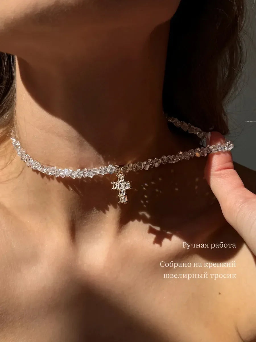 Design Exaggerated Baroque Transparent Crystal Chain With Sexy Zircon Cross Pendant Necklace For Women Wedding Praty Gift