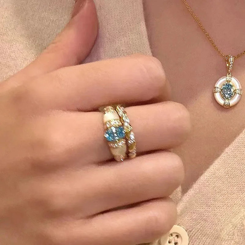 Classic blue jewelry sets dreamy aquamarine gem White Fritillaria ring necklace High quality palace style retro wedding gift