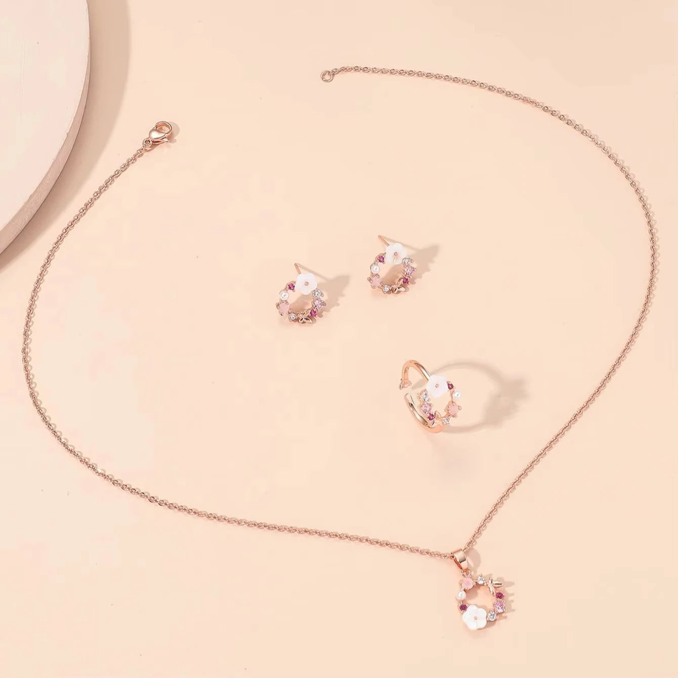 4 Pieces Rose Gold-color Lady Flower Fashion Accessories Zircon Simple Ornate Exquisite Necklace Ring Earrings Jewelry Set