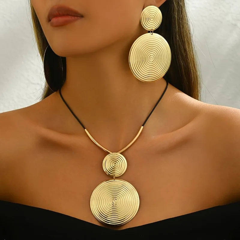 3pc/set Large Round Earrings Collar Necklace Set for Women Exaggerated PU Rope Chains Metal Geometric Pendant Necklace Jewelry