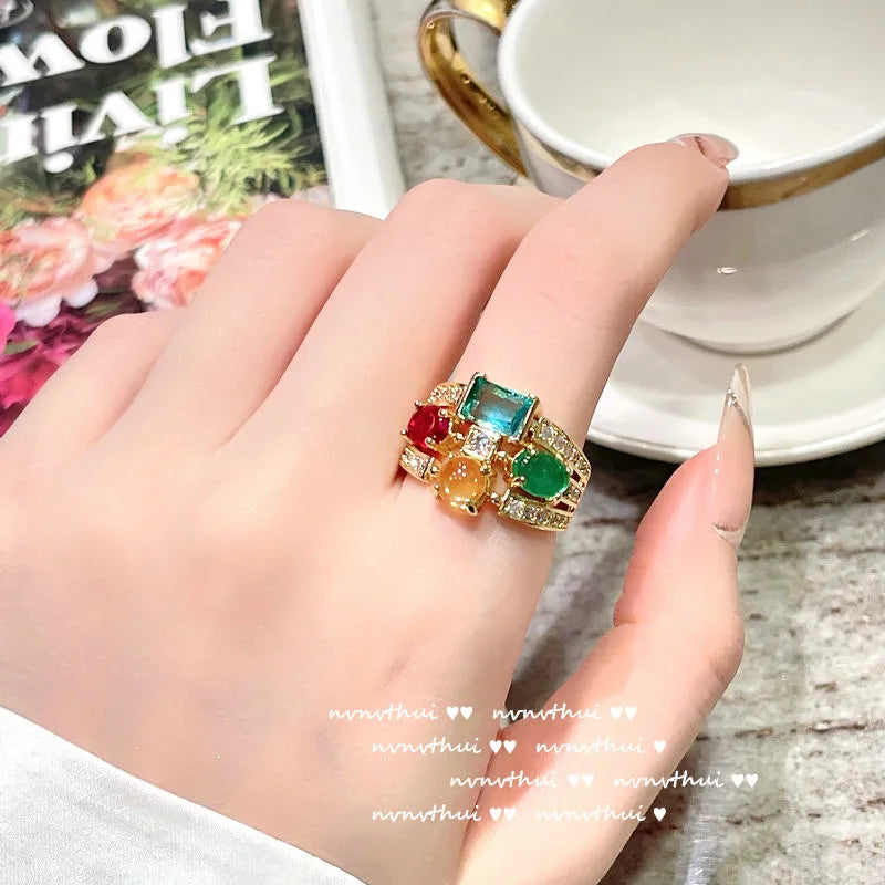 Luxury 18K Gold Color Jewelry Set Multicolour Zircon Crystal Necklace Ring Earrings Women Gorgeous Wedding Statement Jewelry