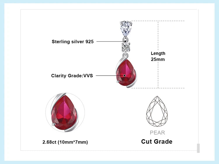 JewelryPalace 2.6ct Pear Created Red Ruby 925 Sterling Silver Pendant Necklace for Woman Fashion Gemstone Jewelry No Chain