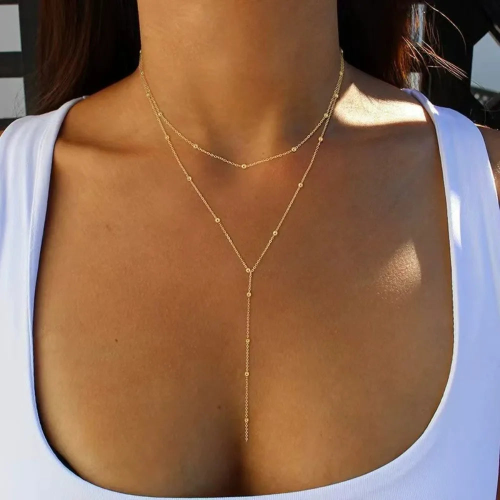 2026 New Fashion Gold Plated Silvery Lariat Choker for Women Double Laryered Long Chain Drop Pendant Necklaces Gifts
