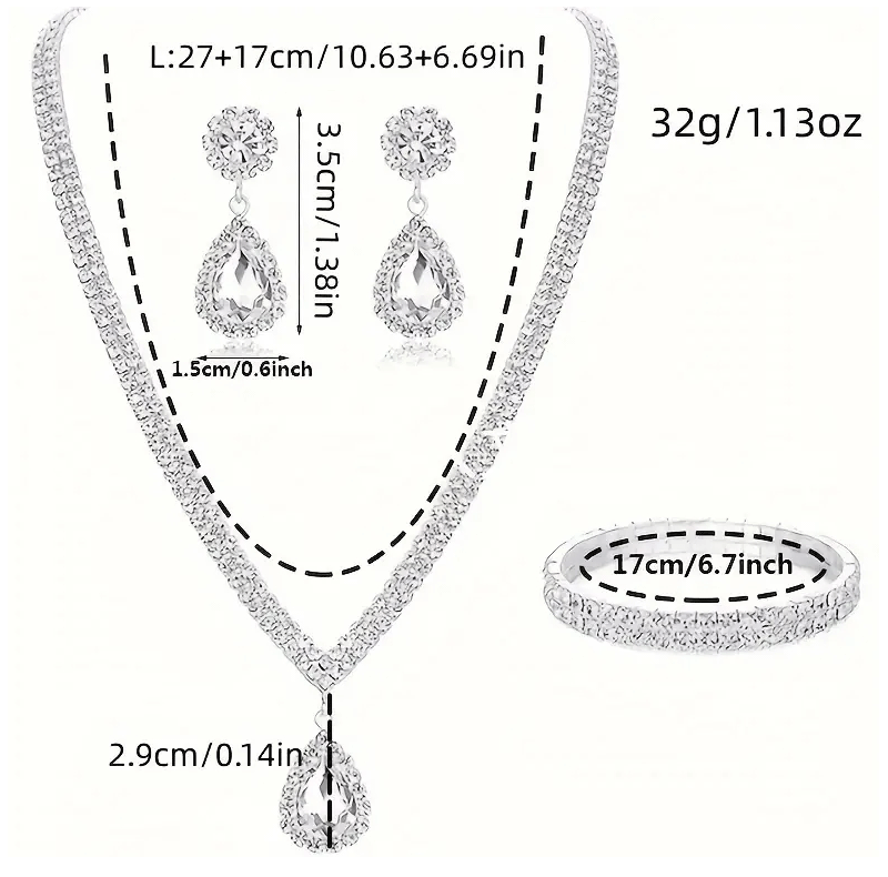 4 Pieces Luxurious Jewelry Set Exquisite Rhinestone Pendant Elegant Women's Crystal Silver Plated Necklace Earrings Bracelet Set