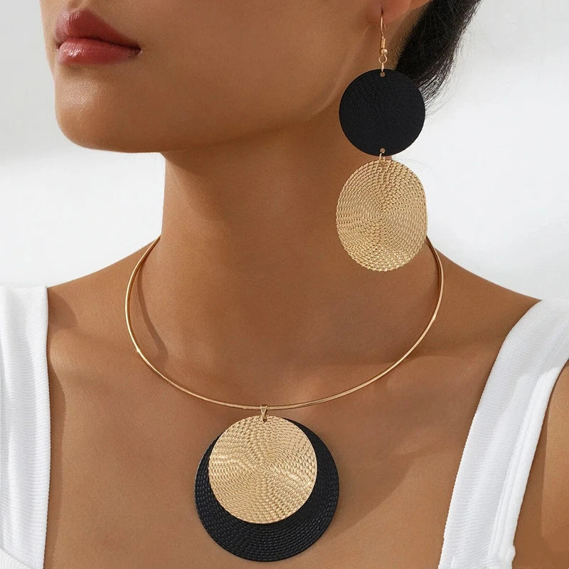 3pc/set Large Round Earrings Collar Necklace Set for Women Exaggerated PU Rope Chains Metal Geometric Pendant Necklace Jewelry