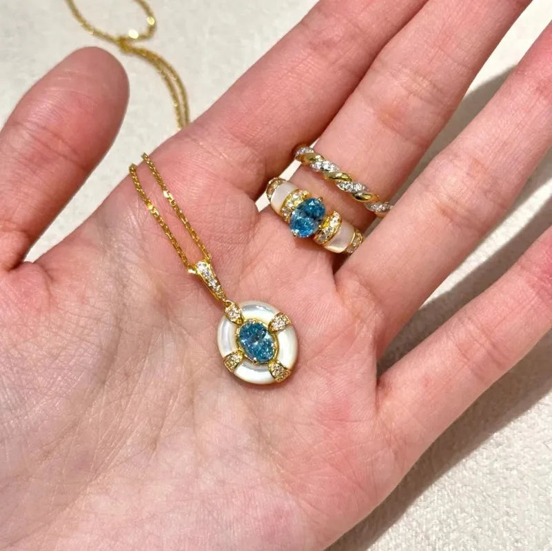 Classic blue jewelry sets dreamy aquamarine gem White Fritillaria ring necklace High quality palace style retro wedding gift