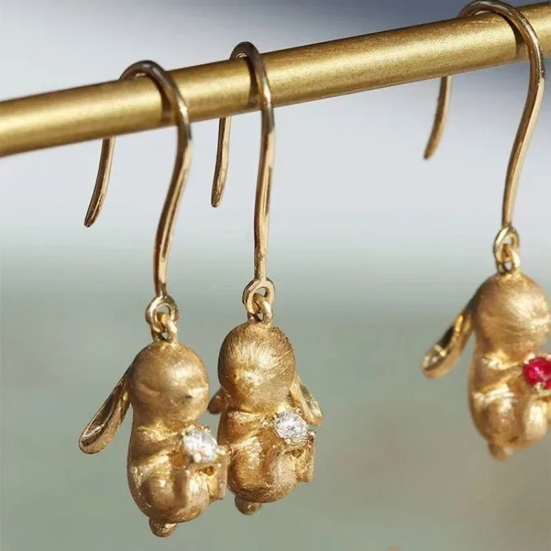 Cute and Exquisite Rabbit Jewelry Sets New in Fun Matte Ancient Gold Craft Earrings for Women Ring Necklace Gifts to Girlfriend